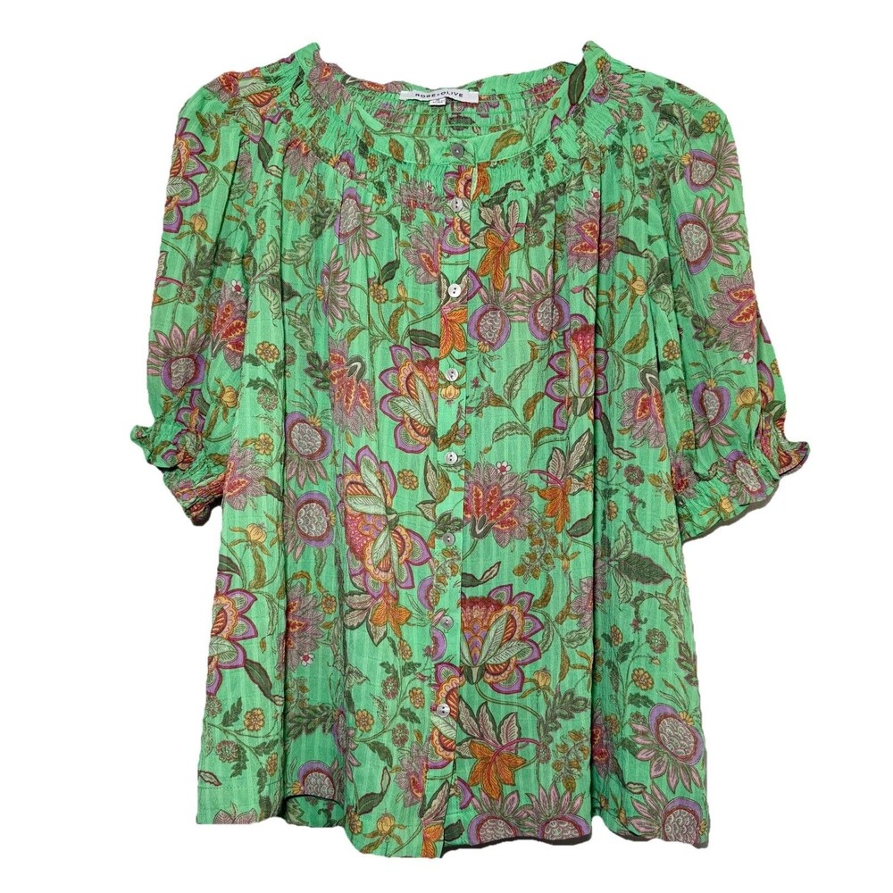 Rose + Olive M Mint Green Floral Boho Peasant Blouse Smocked Puff Sleeve